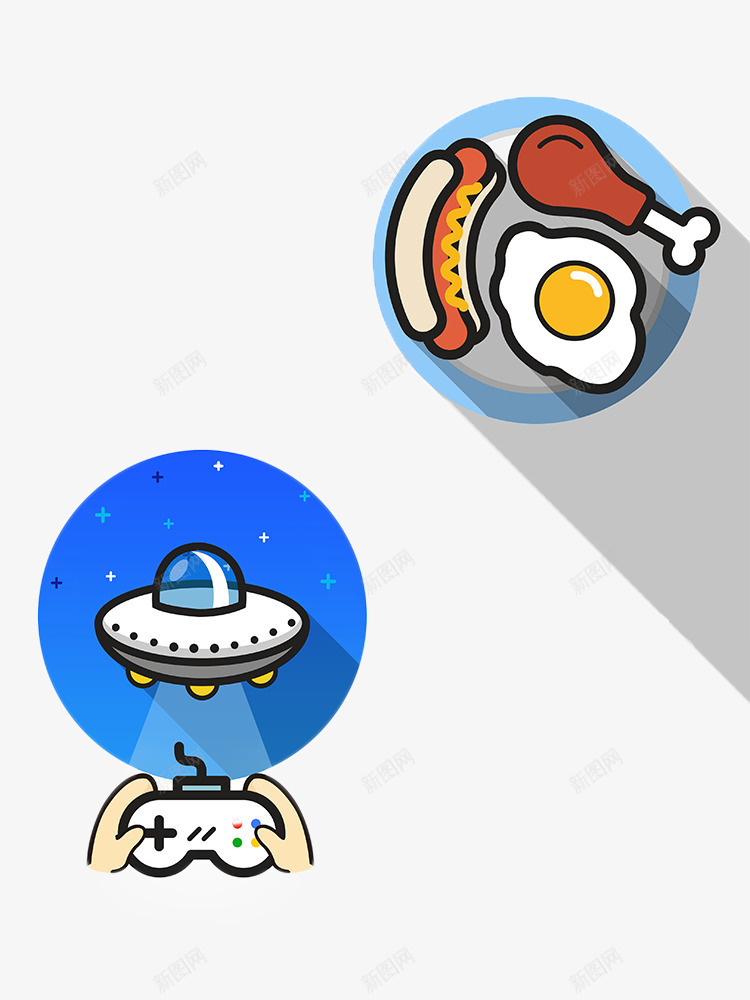 手绘圆形插画png免抠素材_88icon https://88icon.com 宇宙飞船 美食 蓝色 鸡腿