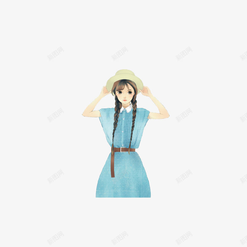 美丽的女孩png免抠素材_88icon https://88icon.com 卡通 太阳帽 手绘 蓝色连衣裙 辫子 长发