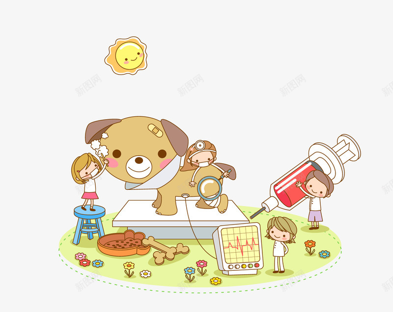 宠物医院png免抠素材_88icon https://88icon.com 医生 太阳 宠物医院 小狗 草地 针管