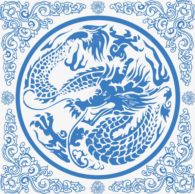 蓝色龙装饰纹矢量图ai免抠素材_88icon https://88icon.com 古典 古纹 矢量装饰纹 龙纹 矢量图