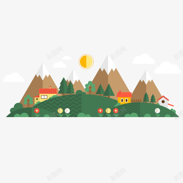 卡通手绘绿色村庄png免抠素材_88icon https://88icon.com PNG 免抠图片 卡通 可爱 太阳 山 房子 手绘 村庄 树 清新 绿树