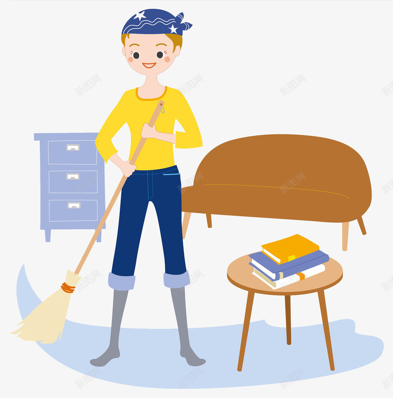 扫地的女人png免抠素材_88icon https://88icon.com 值日生 做值日 卡通 女人 扫把 柜子 桌子 高兴地 黄色的
