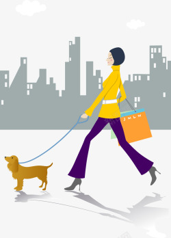 扁平插图牵着狗走路的时尚女人素材