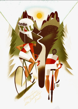 手绘骑自行车的人丛林树木太阳国素材