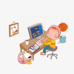 卡通电脑上玩俄罗斯方块的女孩素素材