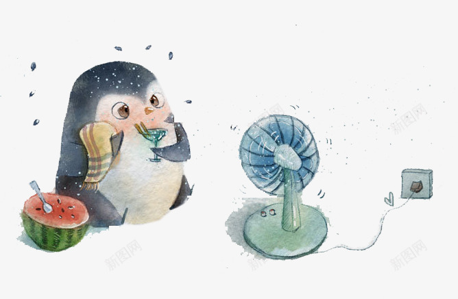 企鹅吃西瓜吹风扇插画png免抠素材_88icon https://88icon.com 享受 企鹅 吃西瓜 吹风扇 插画