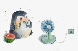 企鹅吃西瓜吹风扇插画素材