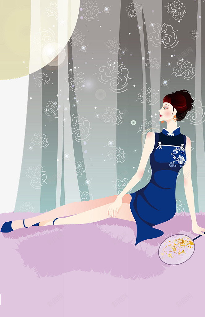 穿蓝色旗袍侧身坐的女人png免抠素材_88icon https://88icon.com 人物插图 侧身坐 女人 穿旗袍的女人 穿蓝色旗袍 装饰