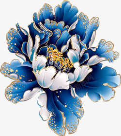 蓝色牡丹花手绘素材