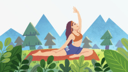 卡通手绘草地上练瑜伽的女人素材