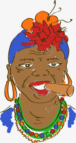 手绘卡通古巴雪茄女人素材