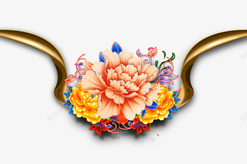 牡丹金色彩带背景png免抠素材_88icon https://88icon.com 中式背景 牡丹 金色彩带