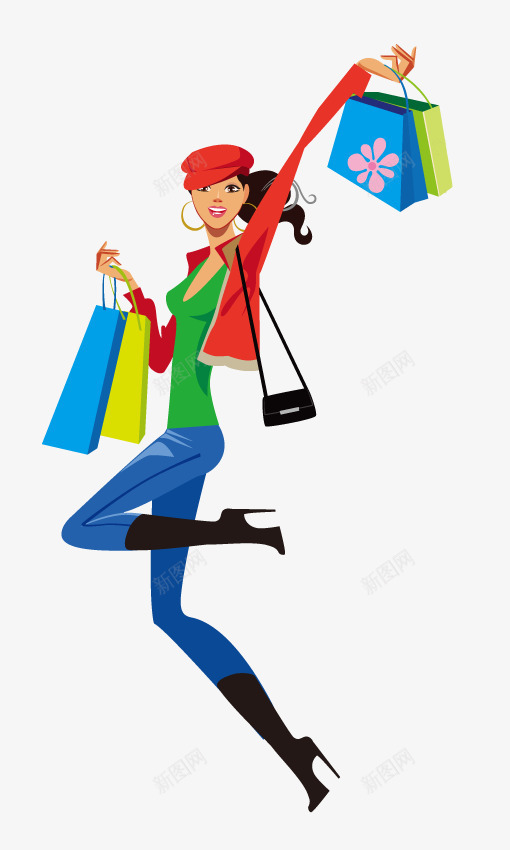 购物开心的女人png免抠素材_88icon https://88icon.com 卡通人物 卡通女人 时尚女人 红色 绿色 蓝色 购物的女人 黄色