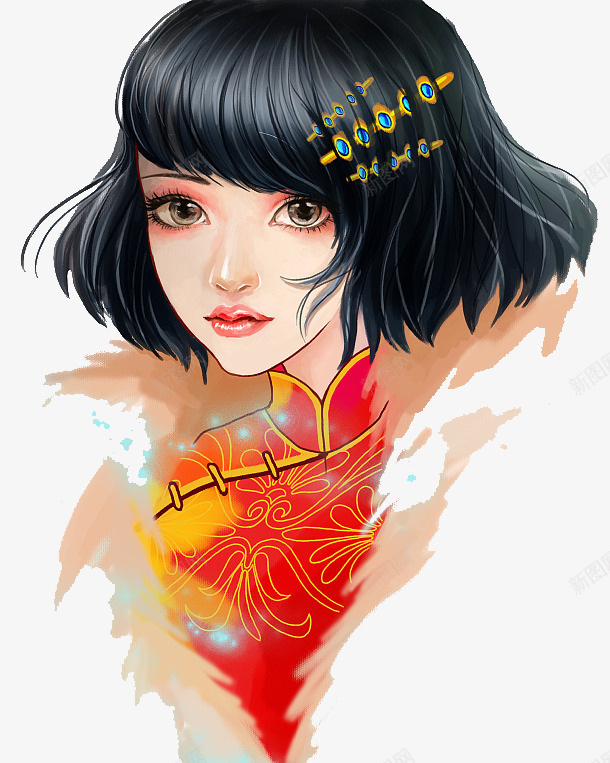 手绘人物插图穿旗袍的短发女孩png免抠素材_88icon https://88icon.com 中国风 人物插图 头饰 女孩 手绘 短发 穿旗袍 穿旗袍的女人