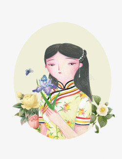 手绘人物穿旗袍拿一枝花的女孩素材