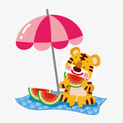 太阳伞下吃西瓜的老虎素材
