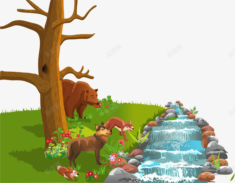 大自然美丽风景png免抠素材_88icon https://88icon.com 动物 大自然风景 温馨 狐狸 绿色草地 美丽风景 蓝色河流