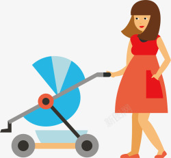 带孩子上学的妈妈推婴儿车的女人高清图片