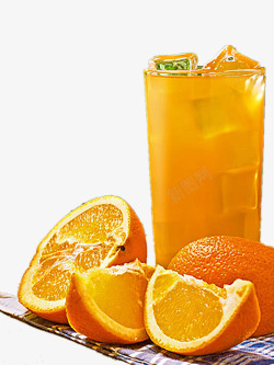 切开的橙子与大冰块橙汁素材
