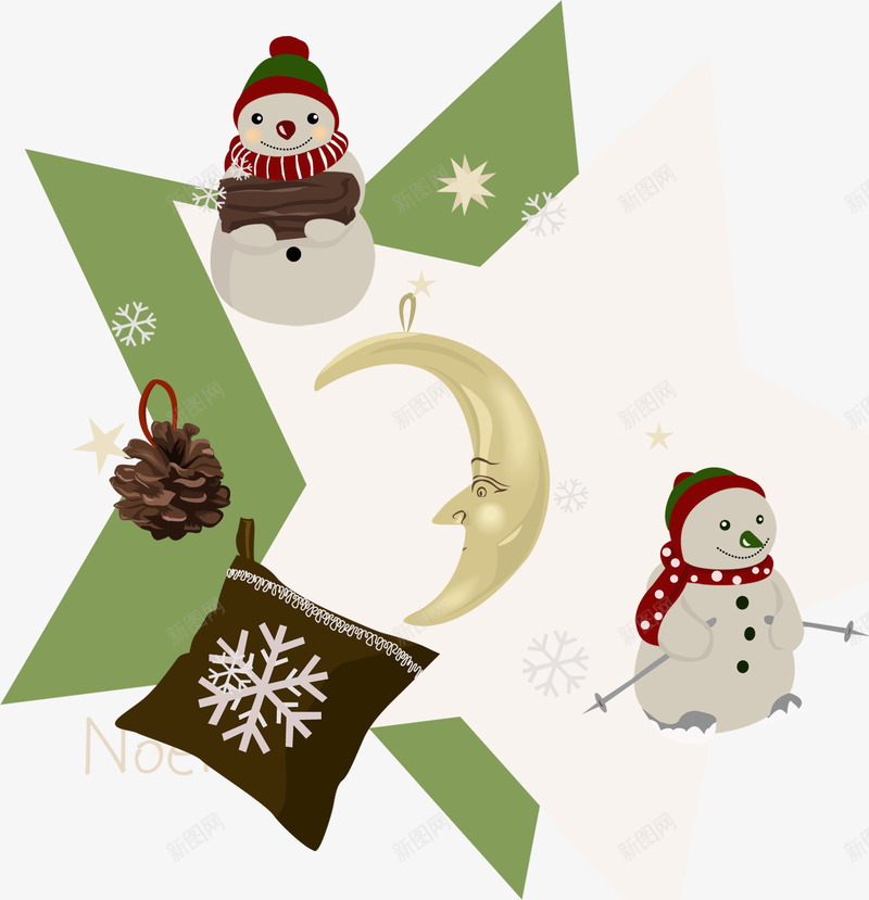 圣诞节雪人和月亮png免抠素材_88icon https://88icon.com 圣诞节 抱枕 星星 松果 雪人