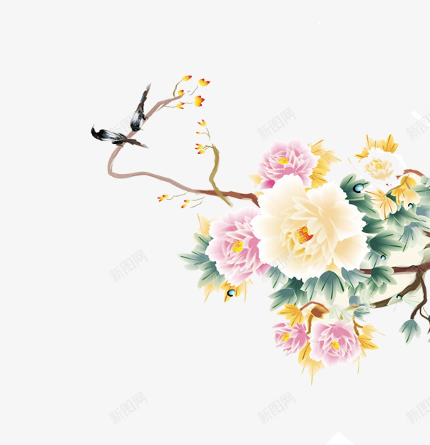 牡丹png免抠素材_88icon https://88icon.com 中秋花卉 喜鹊 国画 手绘 花朵