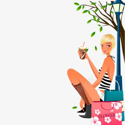 卡通坐在树下喝咖啡的女人矢量图素材