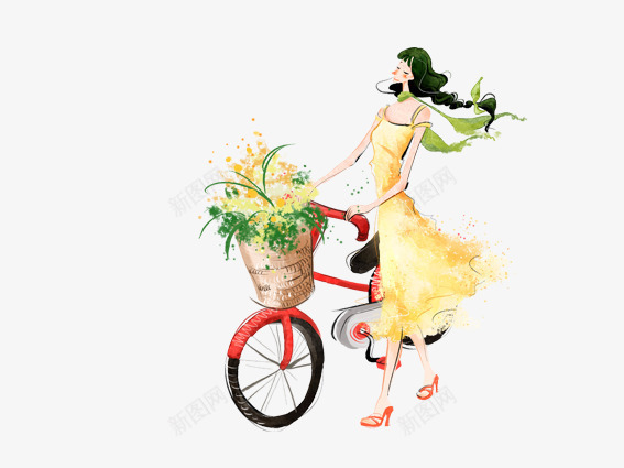 手绘骑单车的女人png免抠素材_88icon https://88icon.com 手绘女人 手绘自行车 手绘骑单车的女人 自行车 花篮
