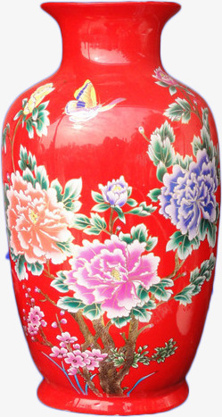 红色喜庆陶瓷牡丹花瓶素材