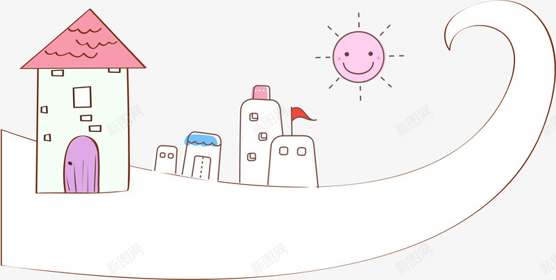 卡通村庄png免抠素材_88icon https://88icon.com AI 卡通 可爱 太阳 建筑 房子 房屋 手绘 插画 波浪 线条