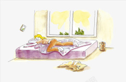 手绘水彩趴在床上睡着的女孩素材