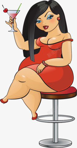 坐在凳子上的卡通胖女人素材