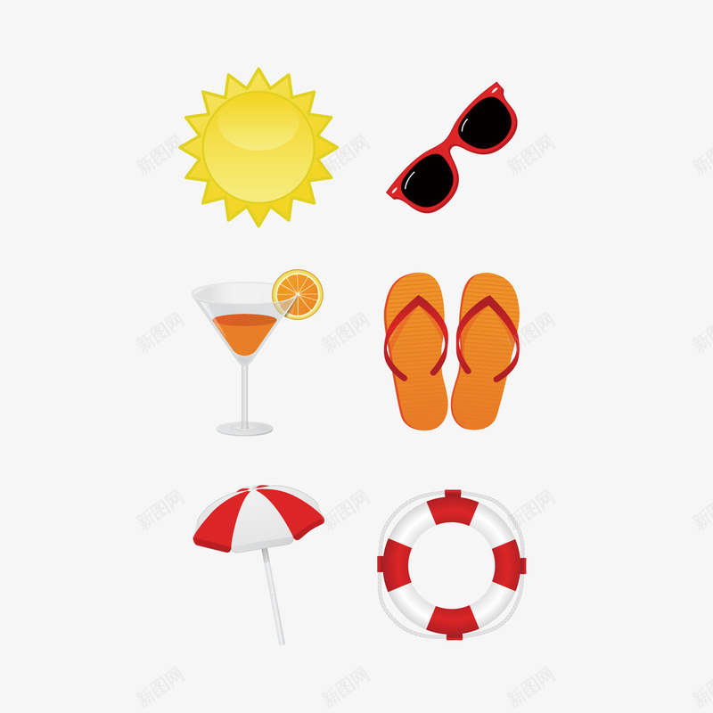 海报标png免抠素材_88icon https://88icon.com 墨镜 太阳 拖鞋 泳圈 海边装备 饮料