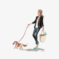 手绘逛街闺蜜插画遛狗的女人高清图片