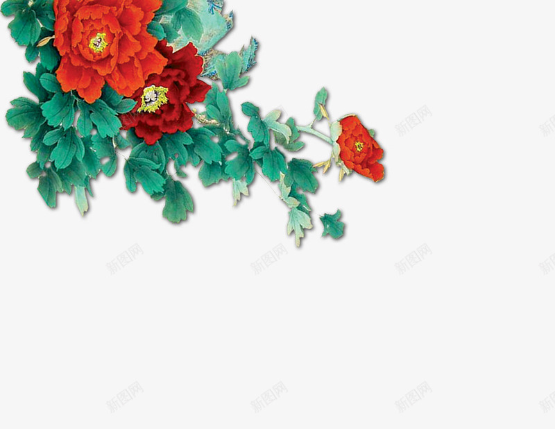 牡丹png免抠素材_88icon https://88icon.com 中国画 国画 墨绿色叶子 红色花朵 花卉