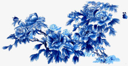 蓝色牡丹花水墨画海报背景素材