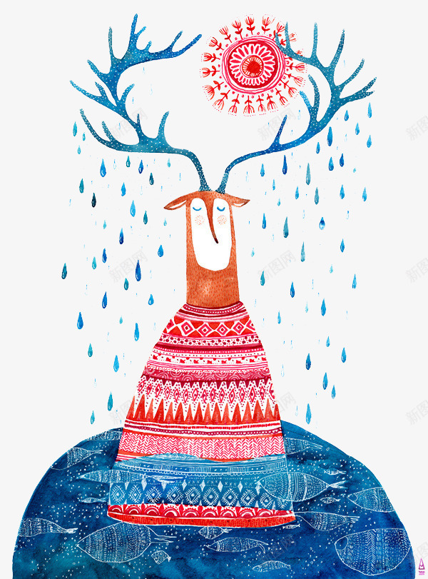 小鹿创意画png免抠素材_88icon https://88icon.com 太阳 插画 装饰图案 雨滴 鹿角