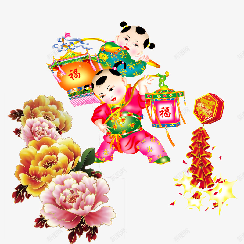 春节喜庆psd免抠素材_88icon https://88icon.com 儿童 喜庆 春节 牡丹花 素材 鞭炮