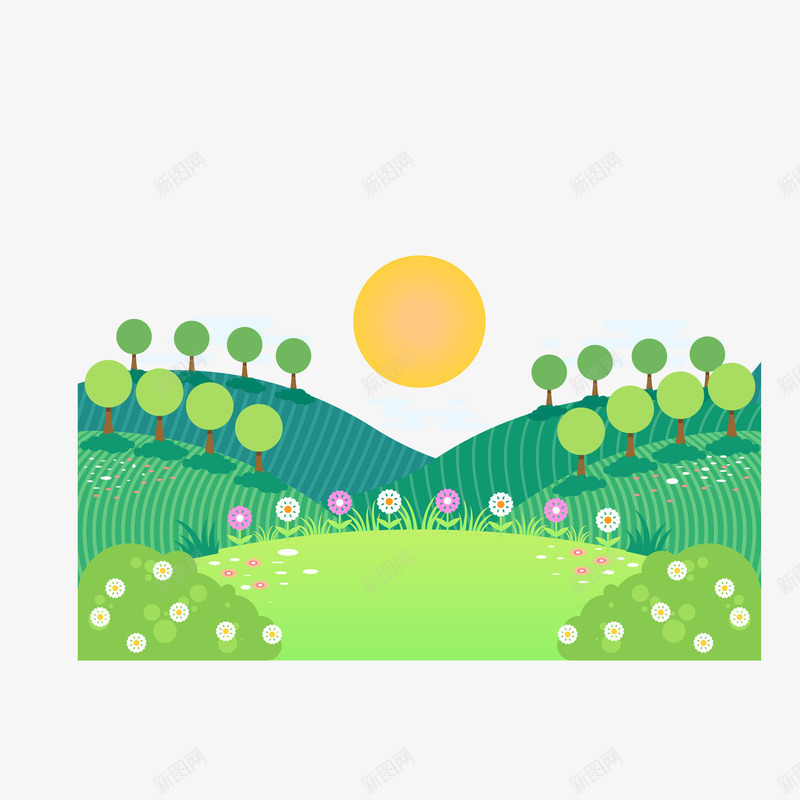 太阳升起装饰案矢量图ai免抠素材_88icon https://88icon.com 卡通 太阳 手绘 树木 植物 绿色 自然 装饰 风景 矢量图