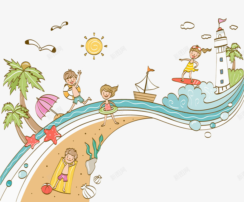 孩子夏天的冲浪png免抠素材_88icon https://88icon.com 冲浪 卡通 可爱 太阳 孩子 小船 椰子树 沙滩 热带