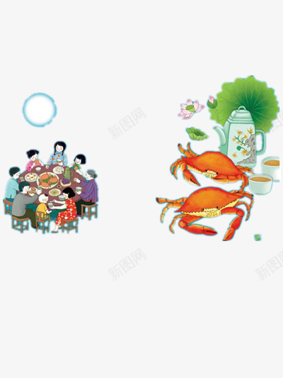 中秋节png免抠素材_88icon https://88icon.com 中秋节 吃蟹黄 团聚 家人 月亮 螃蟹