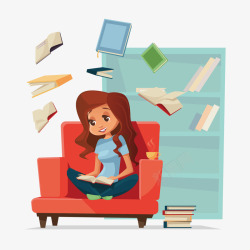 卡通坐在沙发上看书的女人矢量图素材
