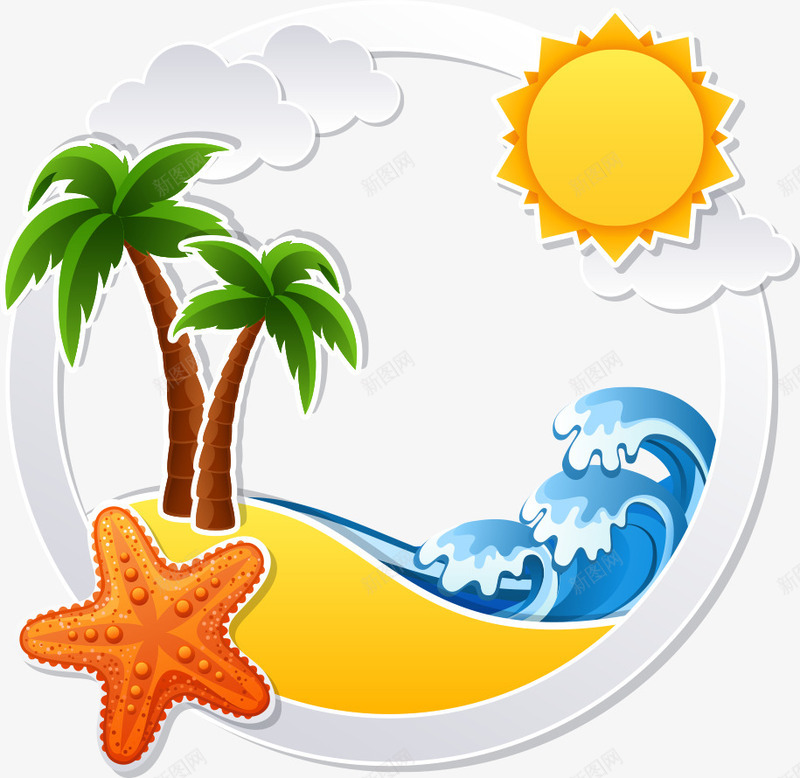 旅游宣传海报矢量图ai免抠素材_88icon https://88icon.com 太阳 旅游宣传海报 旅游海报 椰子树 浪花 海星 海浪 矢量图