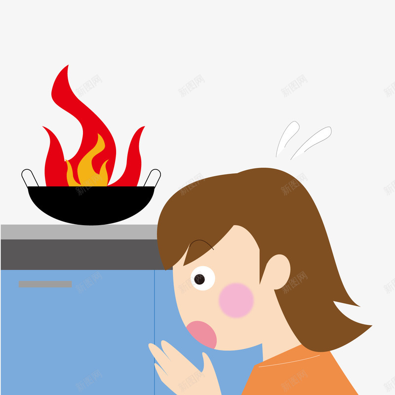 卡通厨房着火png免抠素材_88icon https://88icon.com 卡通女子 卡通火焰 厨房着火 消防 背景装饰