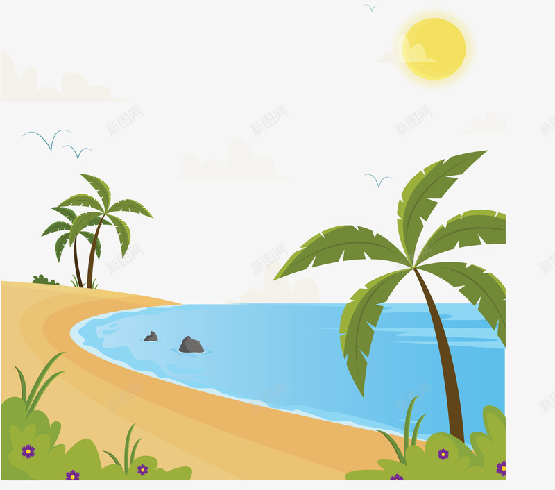 美丽海边沙滩椰子树矢量图ai免抠素材_88icon https://88icon.com 椰子树 沙滩 海边 海边椰子树 矢量png 美丽海边 矢量图