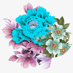 蓝色牡丹花彩绘大花朵素材