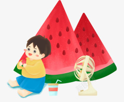 清凉夏日吃西瓜的男孩插画banner素材