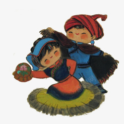 手绘中国风彝族男人女人跳舞插画素材