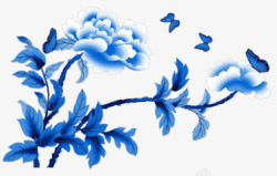 蓝色牡丹花蝴蝶素材