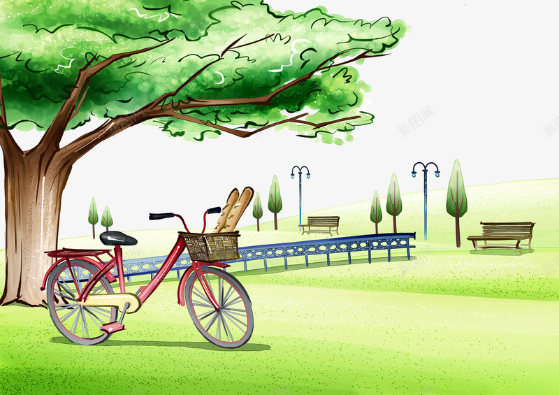 手绘公园景色png免抠素材_88icon https://88icon.com 公园 手绘树木 红色自行车 绘画风景