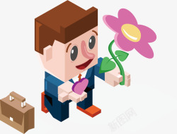 卡通方块职人手持花朵素材
